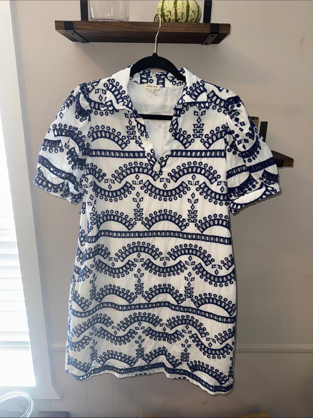 JODIFL White Short-Sleeve Navy Eyelet Dress Size Medium